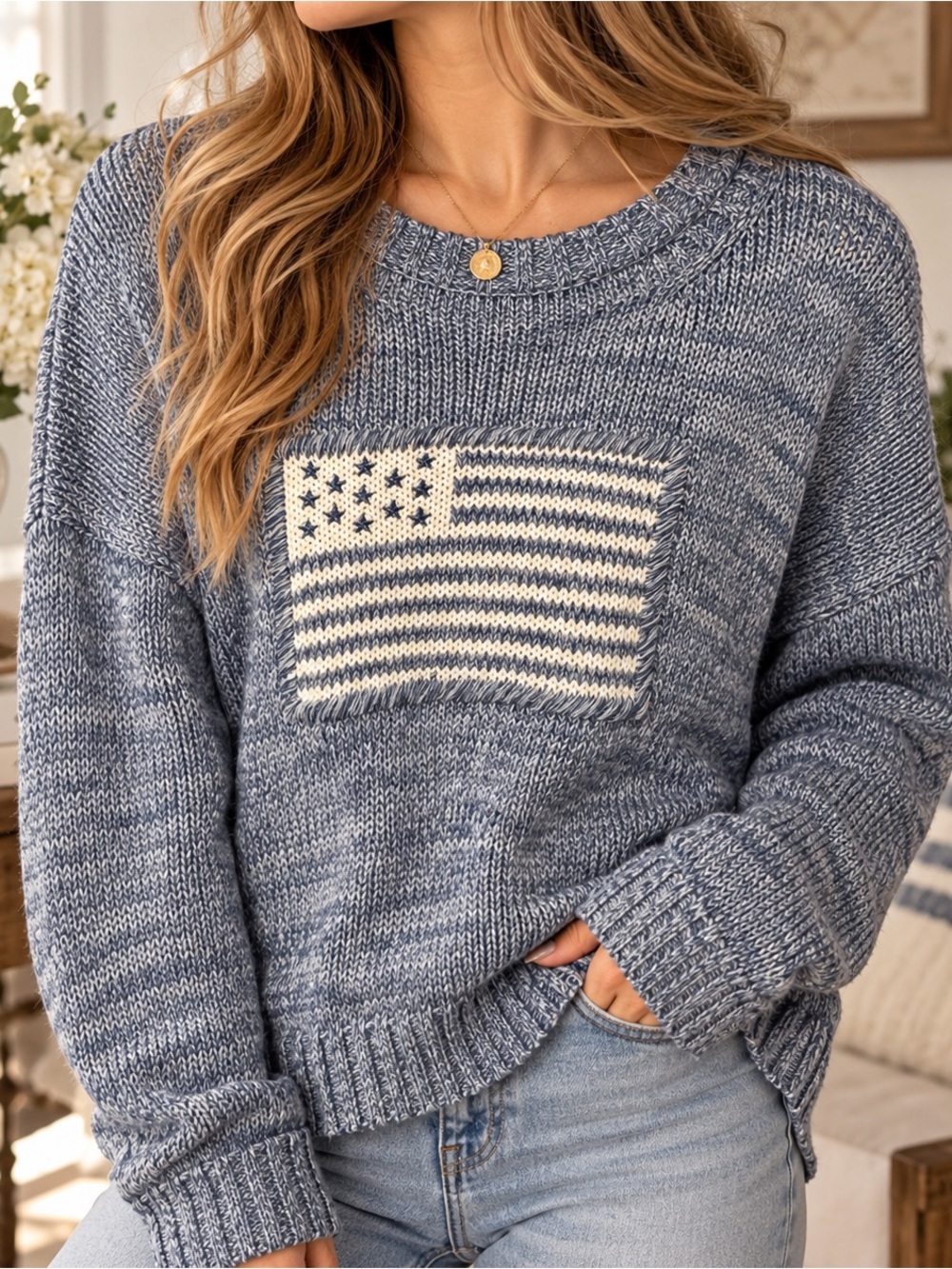 Medium | Marled | Blue Cotton Knit Sweater + American Flag Americana